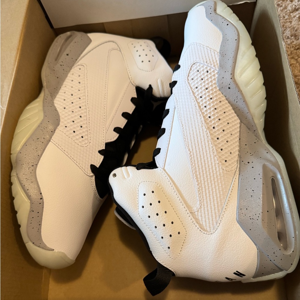 Jordan White and Gray Athletic Shoes with High-Top Design
